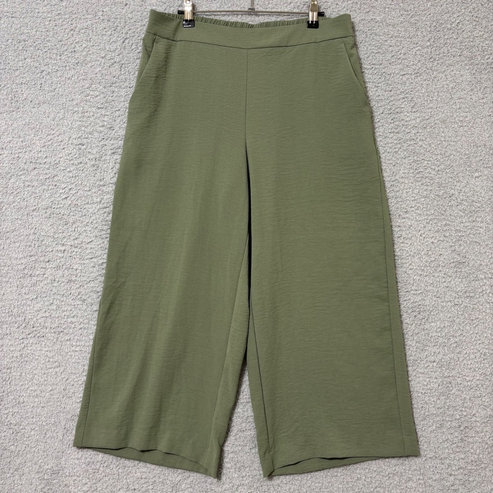 Wide Leg Pull On Cropped Pants Olive Green Pockets Relaxed Casual Minimalist L